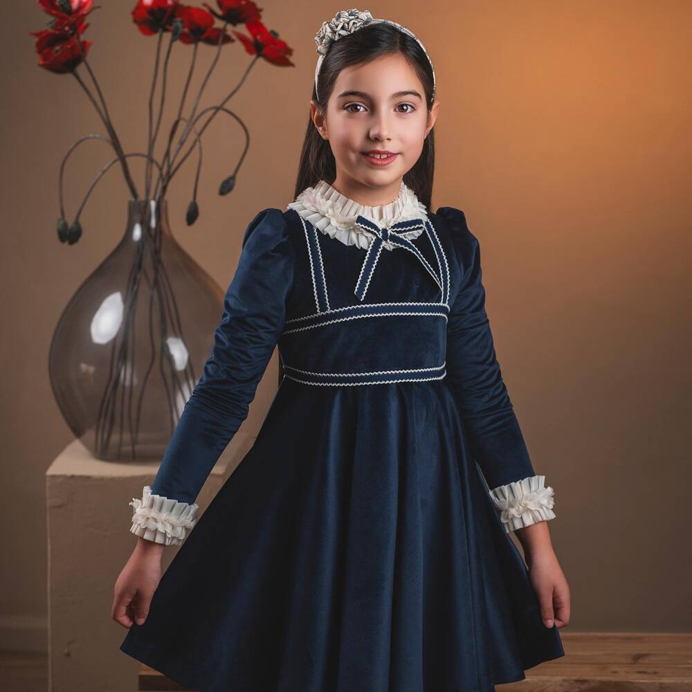 Rochy-Girls Navy Blue Velvet Dress with Ivory Frill Collar | Childrensalon