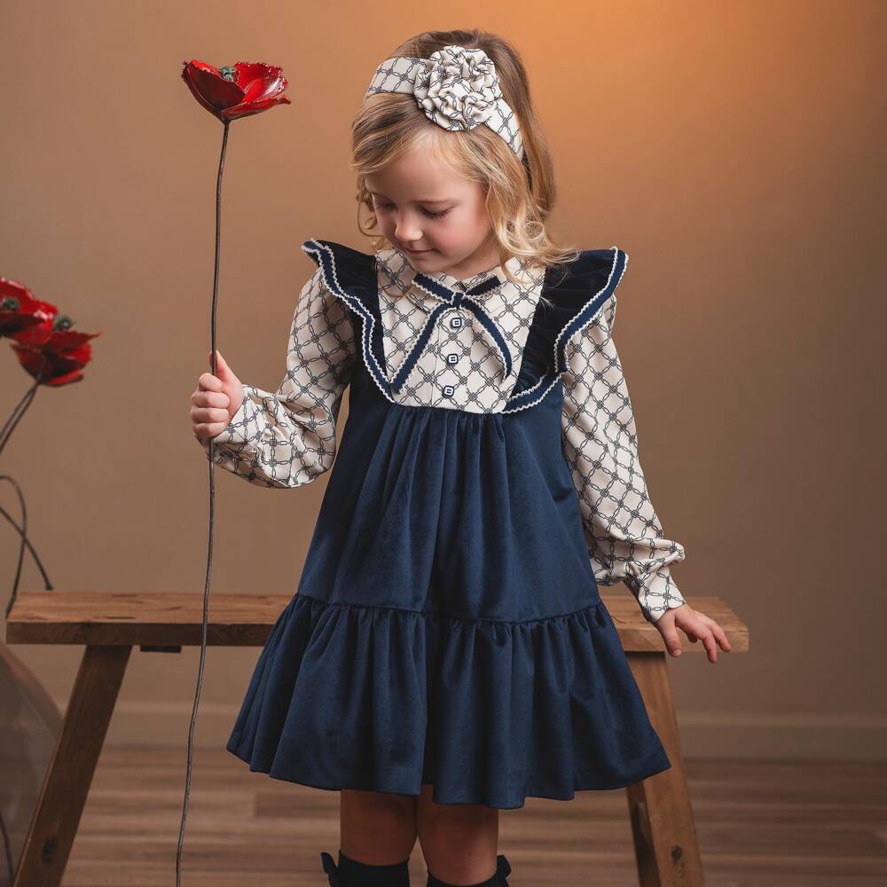 Rochy-Girls Navy Blue Velvet & Geometric Print Dress | Childrensalon