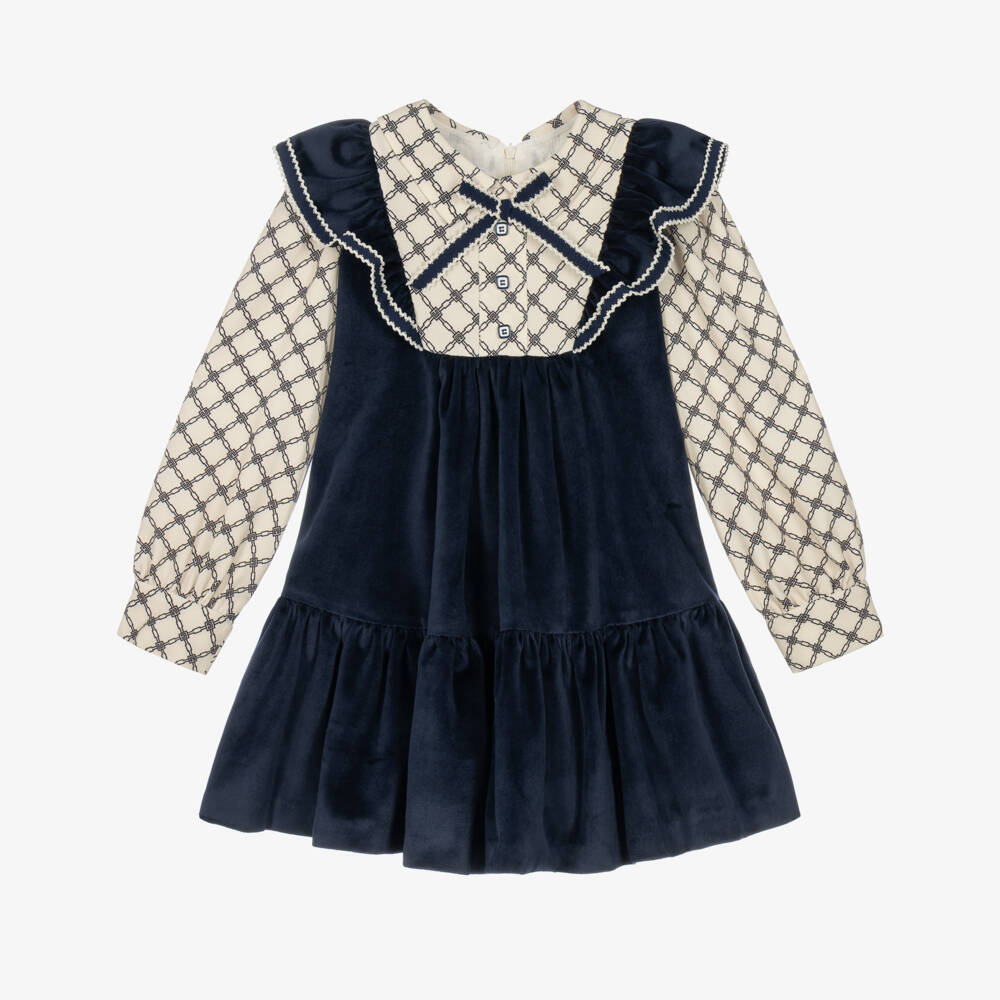 Rochy-Girls Navy Blue Velvet & Geometric Print Dress | Childrensalon