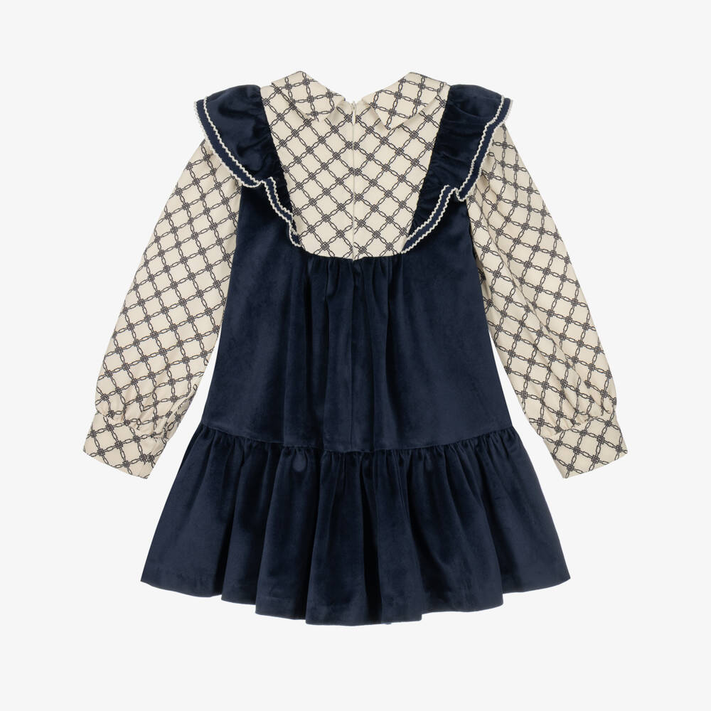 Rochy-Girls Navy Blue Velvet & Geometric Print Dress | Childrensalon