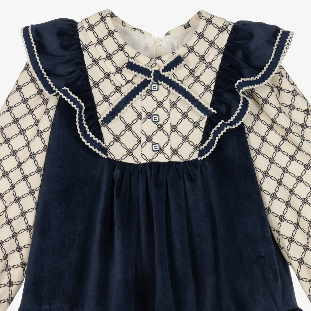 Rochy-Girls Navy Blue Velvet & Geometric Print Dress | Childrensalon