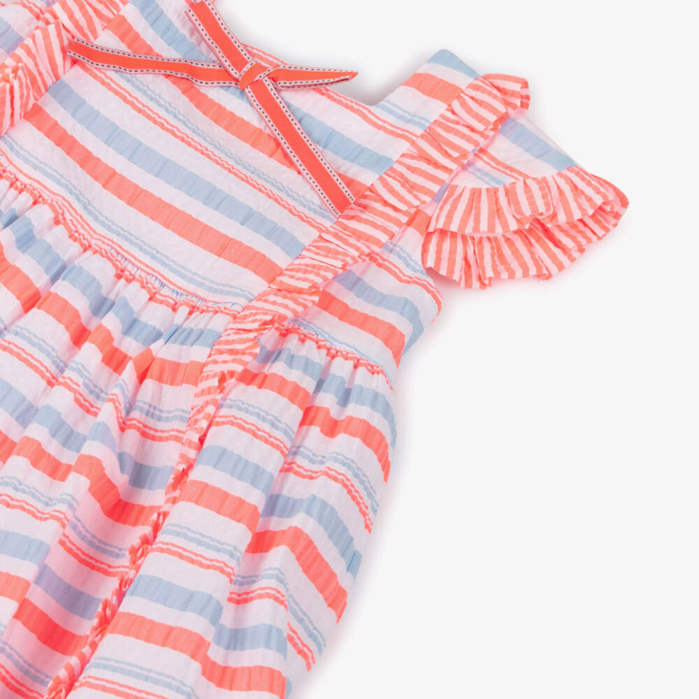 Rochy-Girls Neon Pink & Blue Stripe Frilly Seersucker Dress | Childrensalon