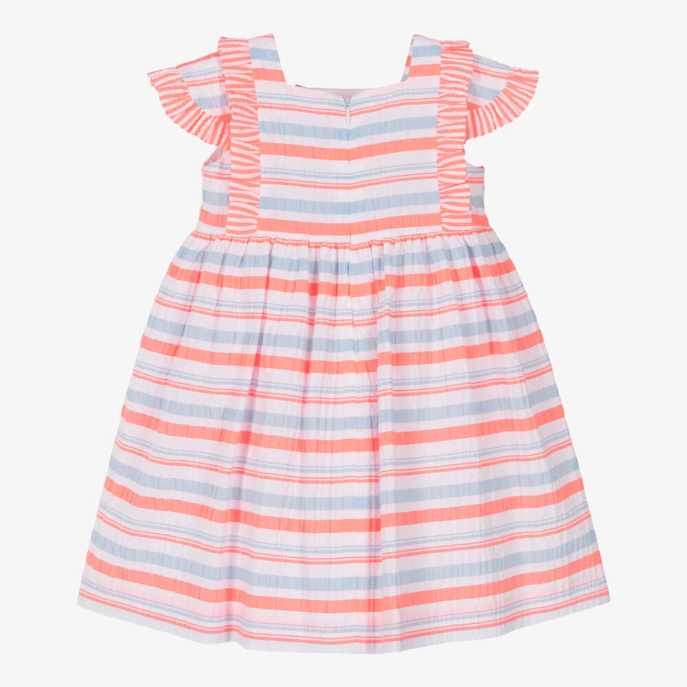 Rochy-Girls Neon Pink & Blue Stripe Frilly Seersucker Dress | Childrensalon