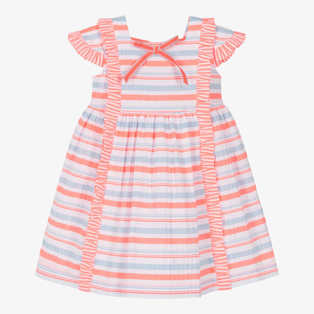 Rochy-Girls Neon Pink & Blue Stripe Frilly Seersucker Dress | Childrensalon