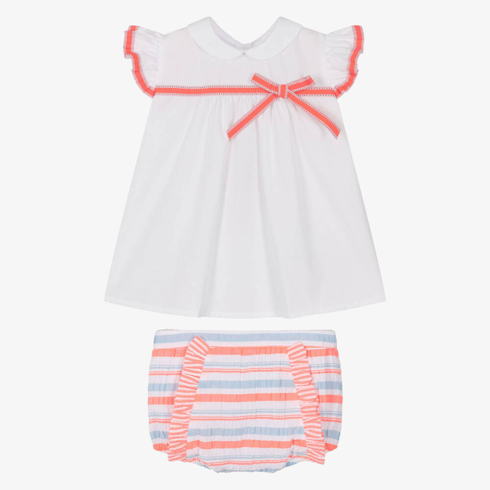 Rochy-Girls Neon Pink & Blue Stripe Frilly Seersucker Shorts Set | Childrensalon