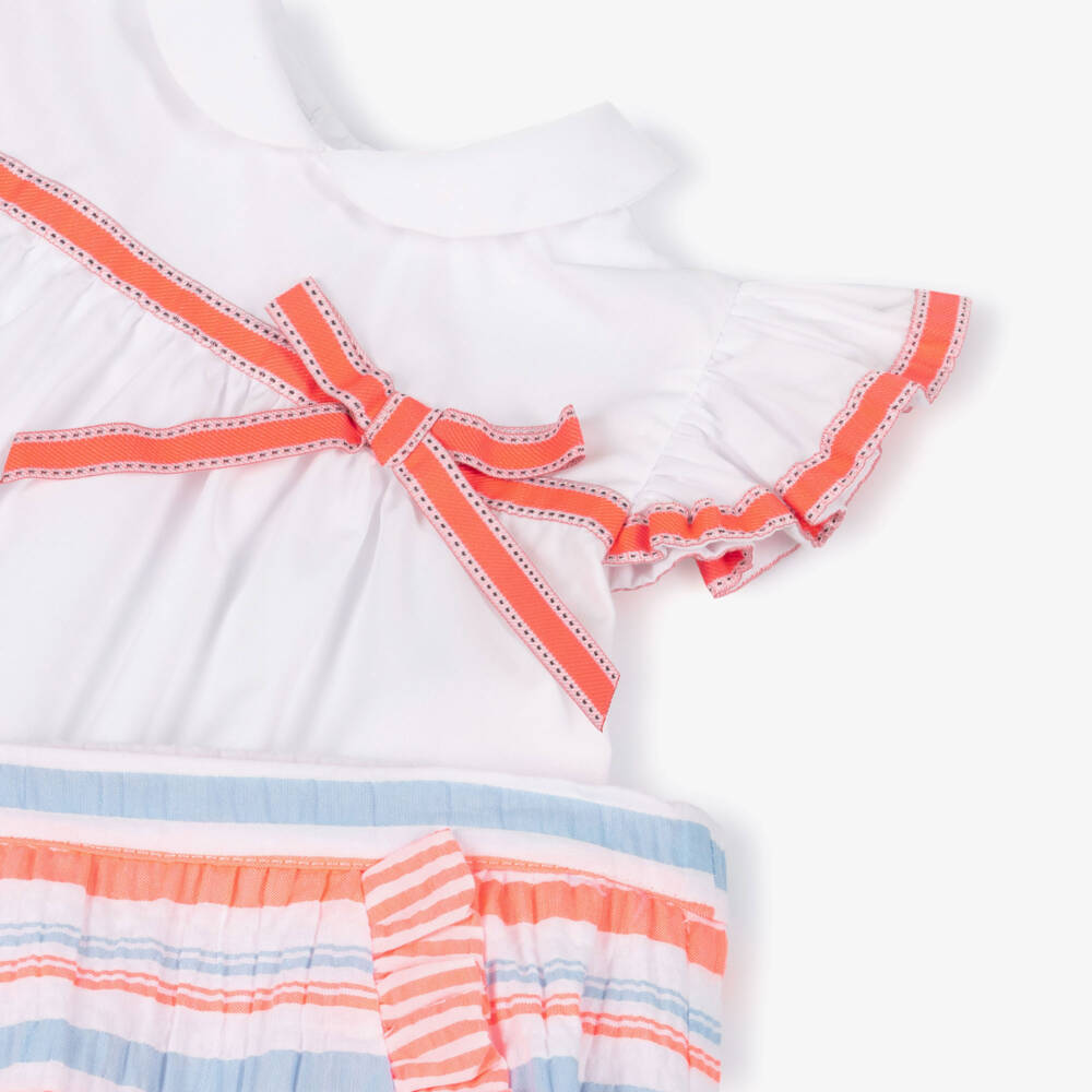 Rochy-Girls Neon Pink & Blue Stripe Frilly Seersucker Shorts Set | Childrensalon
