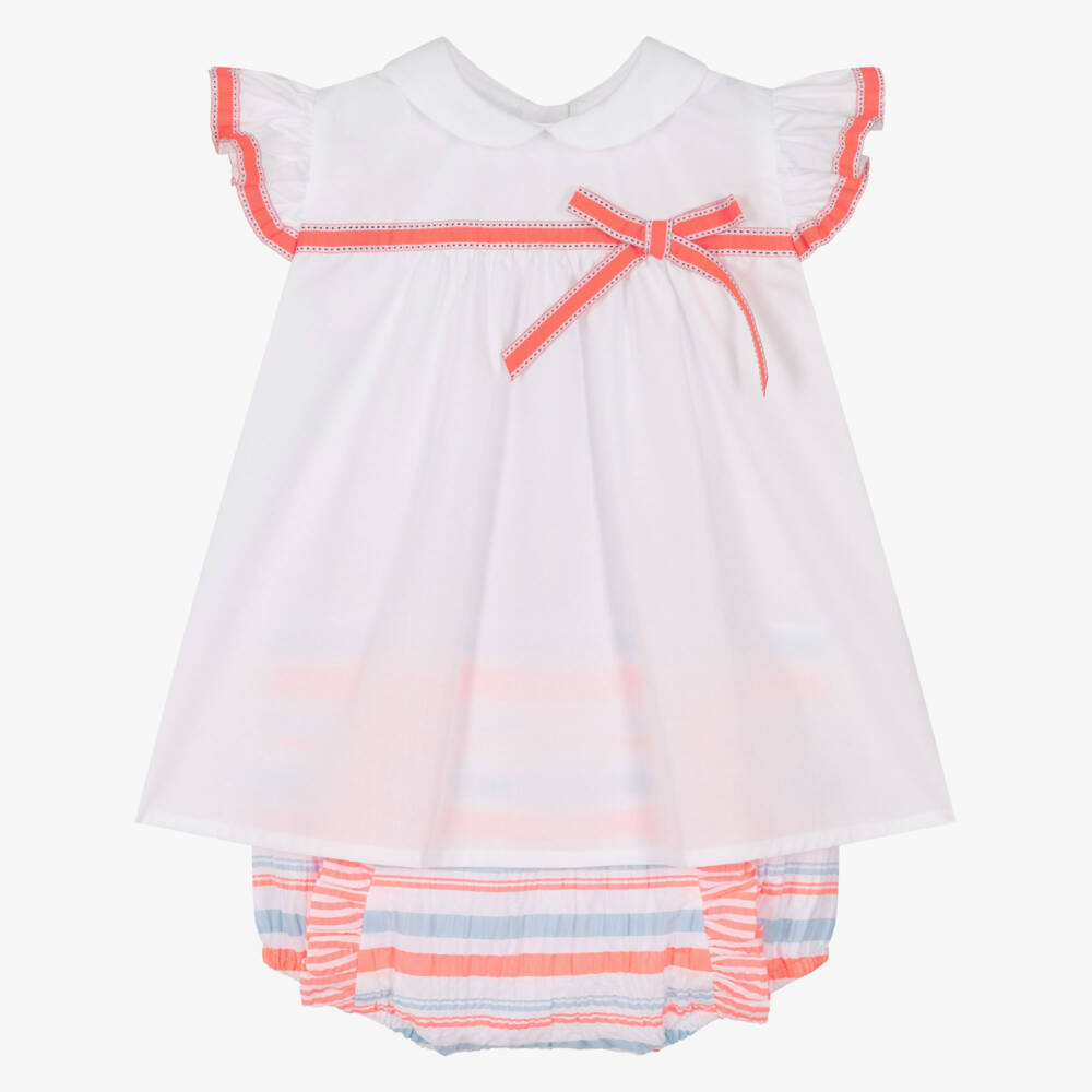 Rochy-Girls Neon Pink & Blue Stripe Frilly Seersucker Shorts Set | Childrensalon
