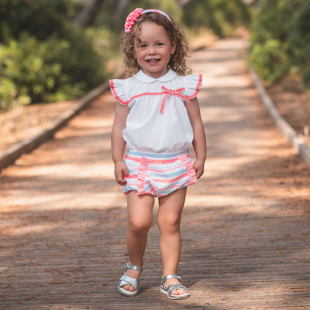 Rochy-Girls Neon Pink & Blue Stripe Frilly Seersucker Shorts Set | Childrensalon