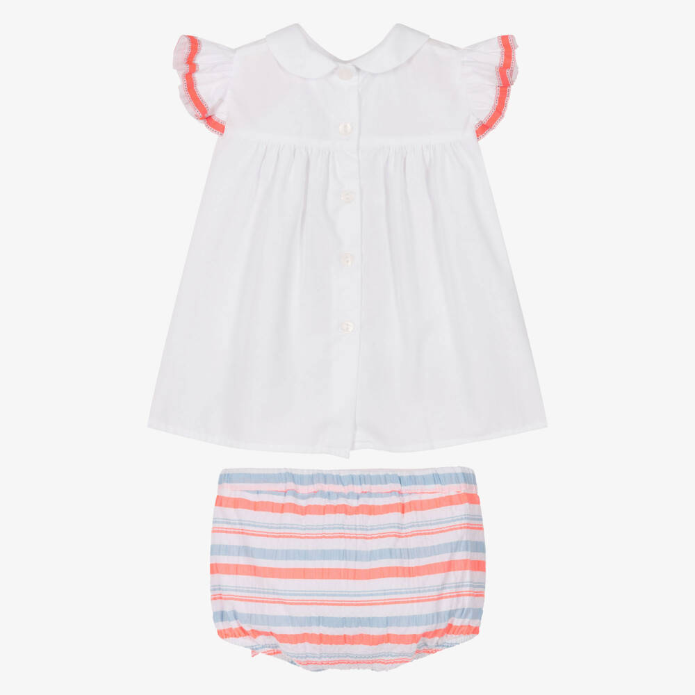 Rochy-Girls Neon Pink & Blue Stripe Frilly Seersucker Shorts Set | Childrensalon