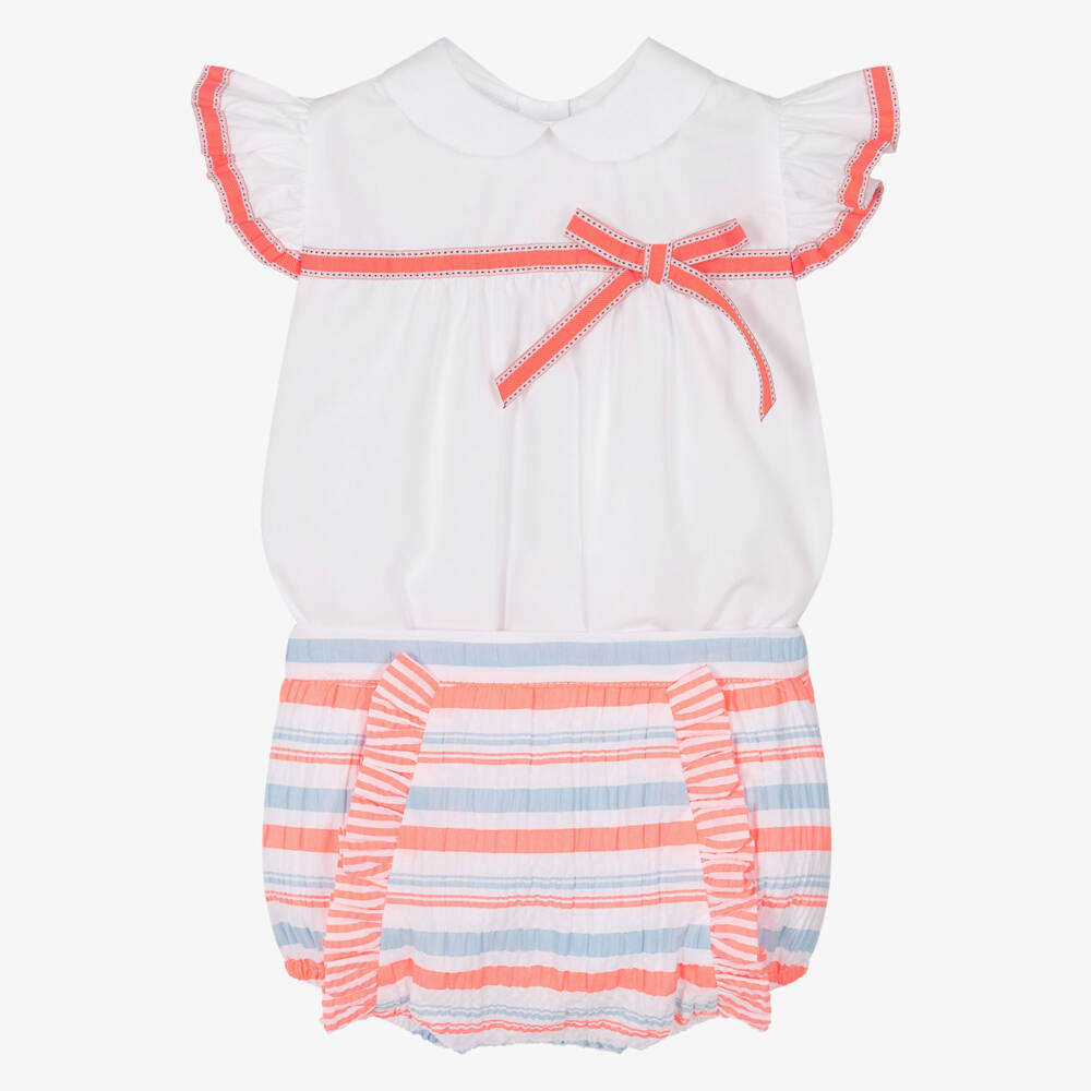 Rochy-Girls Neon Pink & Blue Stripe Frilly Seersucker Shorts Set | Childrensalon