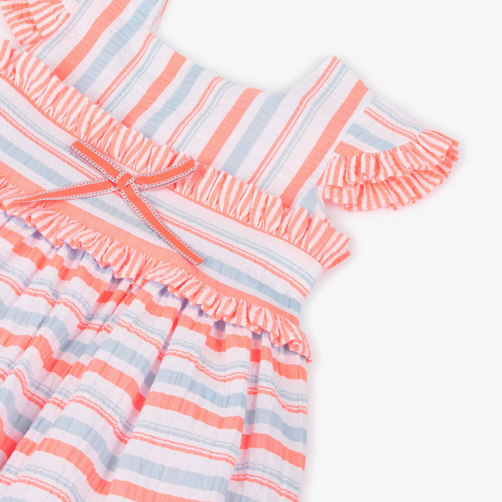Rochy-Girls Neon Pink & Blue Stripe Seersucker Dress with Frills | Childrensalon