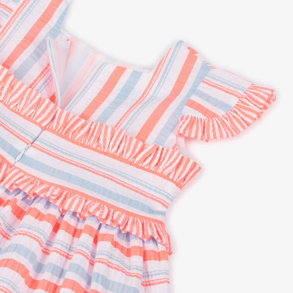 Rochy-Girls Neon Pink & Blue Stripe Seersucker Dress with Frills | Childrensalon