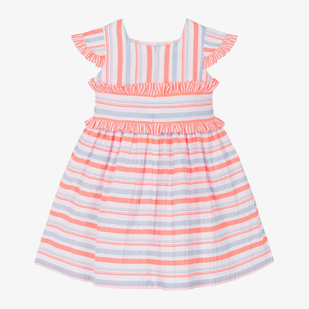 Rochy-Girls Neon Pink & Blue Stripe Seersucker Dress with Frills | Childrensalon