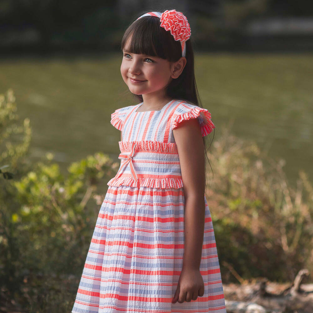 Rochy-فستان سيرساكر بكشكش لون زهري نيون وأزرق للبنات | Childrensalon