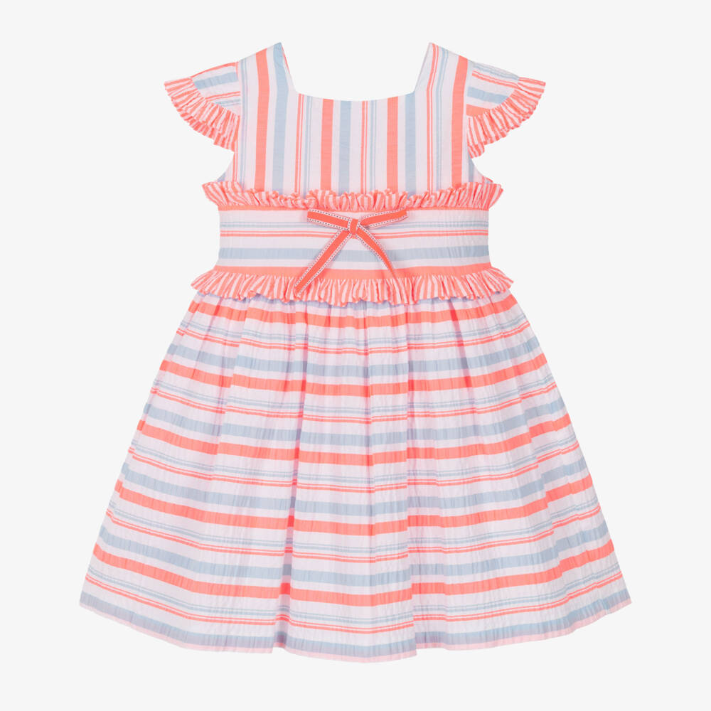 Rochy-Girls Neon Pink & Blue Stripe Seersucker Dress with Frills | Childrensalon