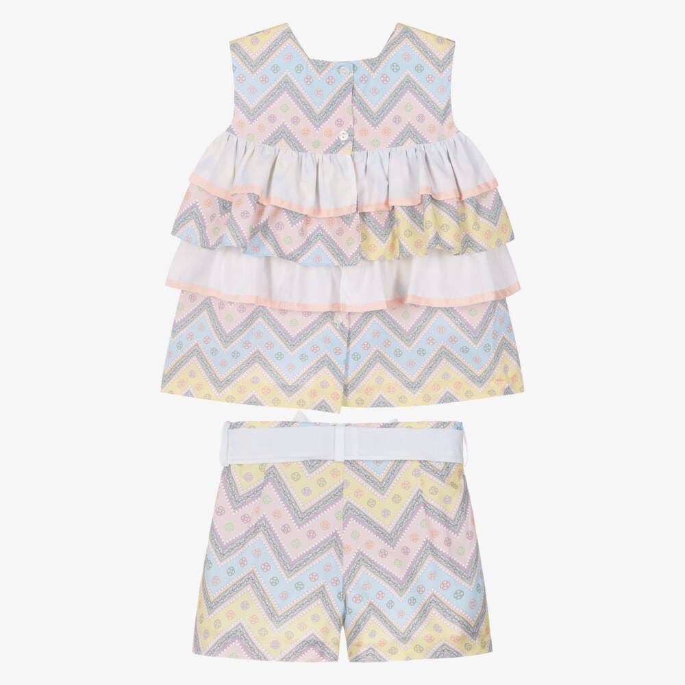 Rochy-Girls Pink & Blue Zigzag Cotton Shorts Set with Scrunchie | Childrensalon