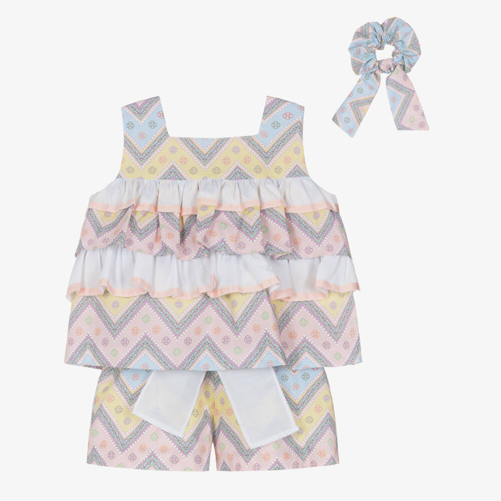 Rochy-Girls Pink & Blue Zigzag Cotton Shorts Set with Scrunchie | Childrensalon
