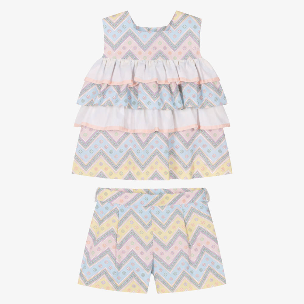 Rochy-Girls Pink & Blue Zigzag Cotton Shorts Set with Scrunchie | Childrensalon