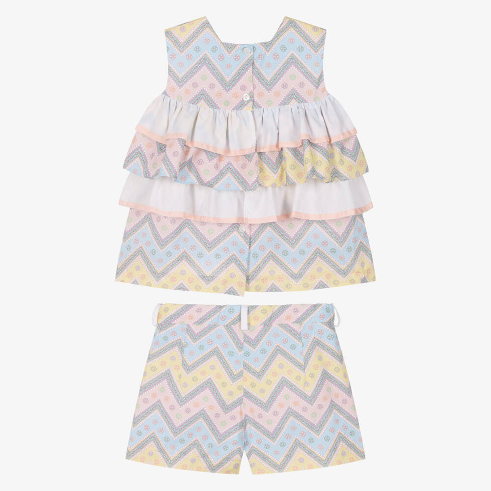 Rochy-Girls Pink & Blue Zigzag Cotton Shorts Set with Scrunchie | Childrensalon