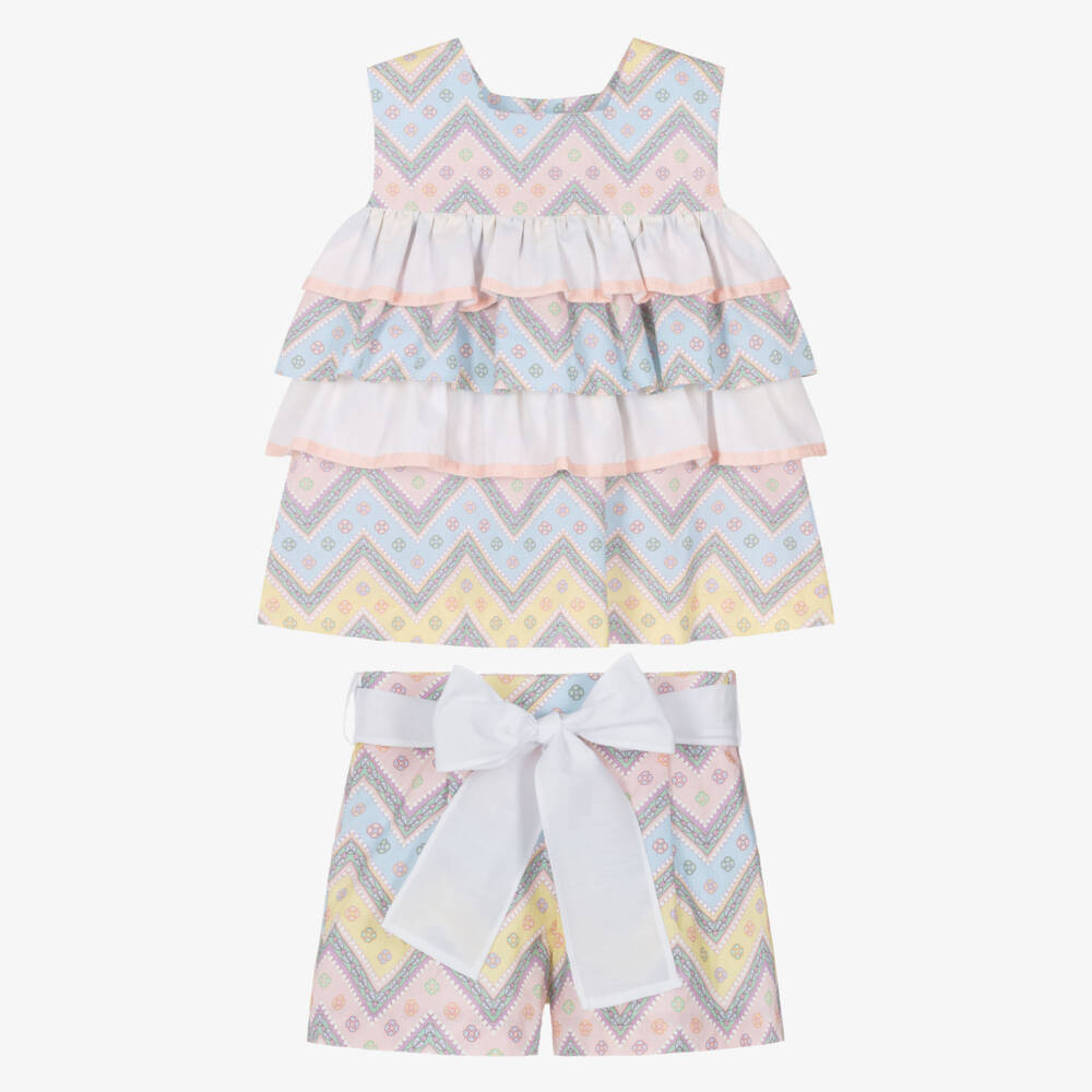 Rochy-Girls Pink & Blue Zigzag Cotton Shorts Set with Scrunchie | Childrensalon
