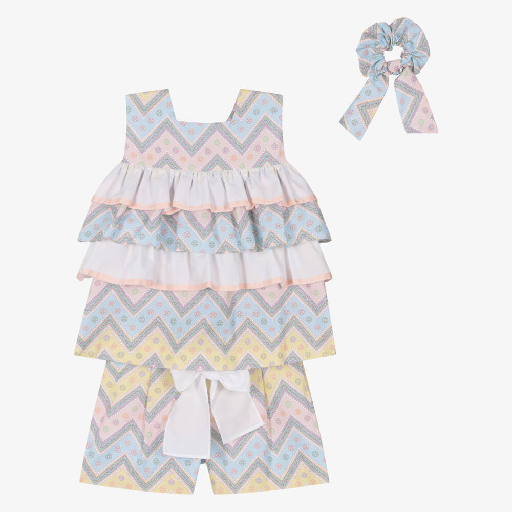 Rochy-Girls Pink & Blue Zigzag Cotton Shorts Set with Scrunchie | Childrensalon