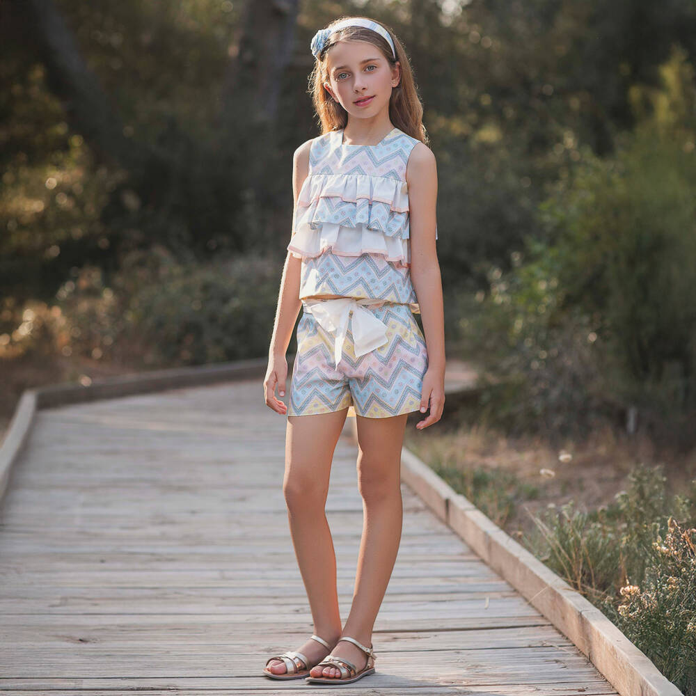 Rochy-Girls Pink & Blue Zigzag Cotton Shorts Set with Scrunchie | Childrensalon