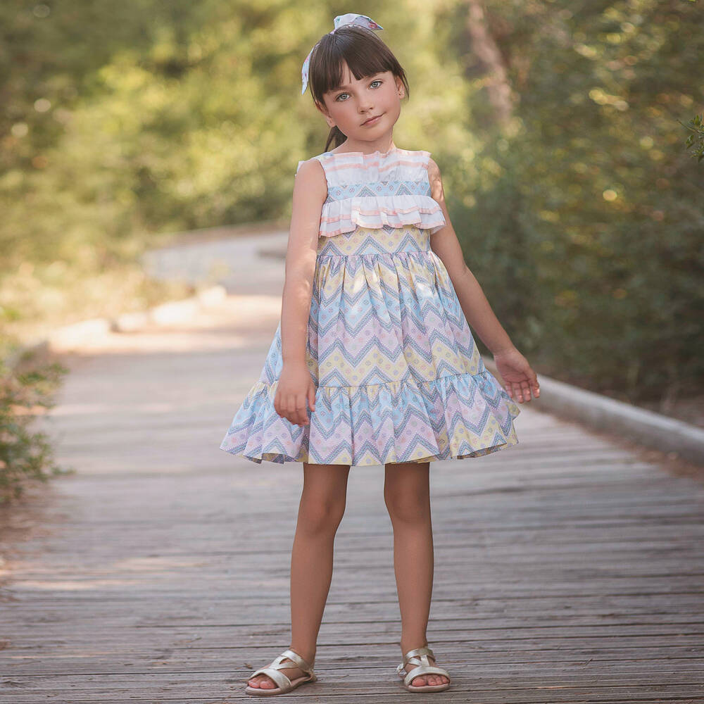 Rochy-Платье без рукавов розово-синее из хлопка с зигзагами для девочек | Childrensalon