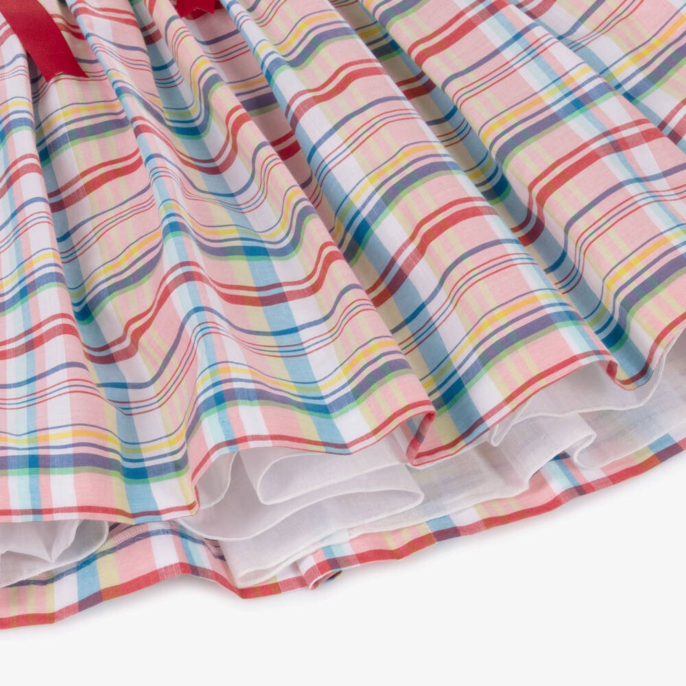 Rochy-Girls Pink Check Cotton Dress with Red Grosgrain Bows | Childrensalon