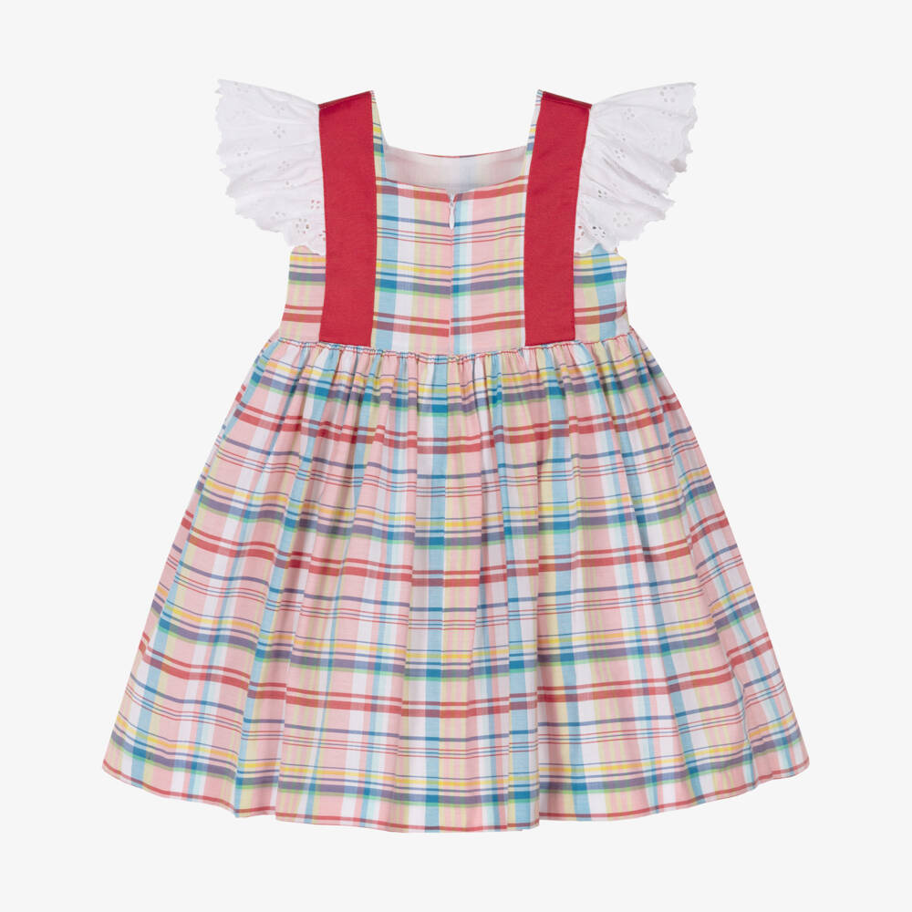 Rochy-Girls Pink Check Cotton Dress with Red Grosgrain Bows | Childrensalon