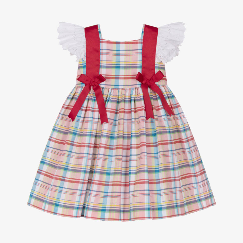 Rochy-Girls Pink Check Cotton Dress with Red Grosgrain Bows | Childrensalon