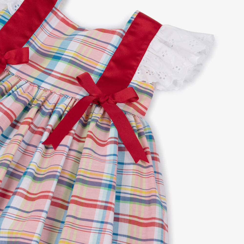 Rochy-Girls Pink Check Cotton Dress with Red Grosgrain Bows | Childrensalon