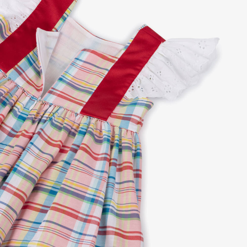 Rochy-Girls Pink Check Cotton Dress with Red Grosgrain Bows | Childrensalon