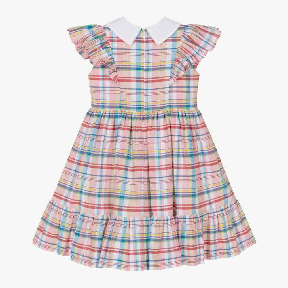 Rochy-Girls Pink Check Cotton Ruffle Dress with White Collar | Childrensalon