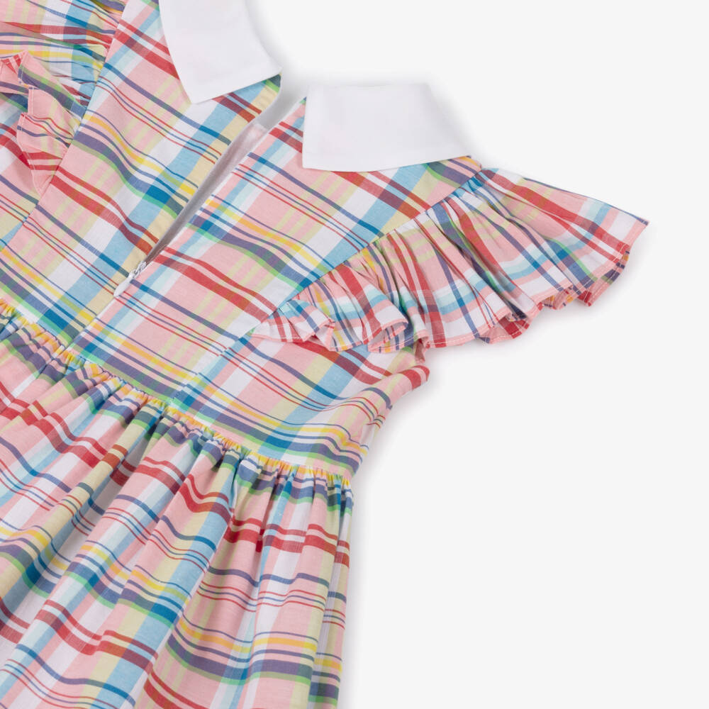 Rochy-Girls Pink Check Cotton Ruffle Dress with White Collar | Childrensalon
