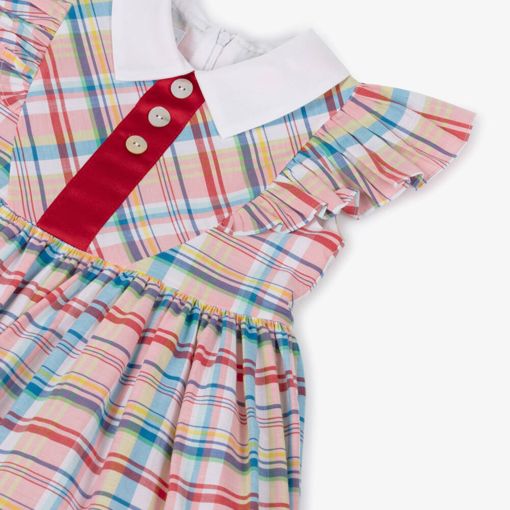 Rochy-Girls Pink Check Cotton Ruffle Dress with White Collar | Childrensalon