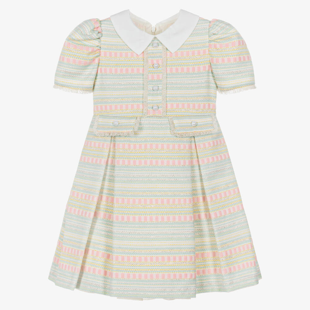 Rochy-Girls Pink & Green Pastel Stripe Tweed Dress | Childrensalon