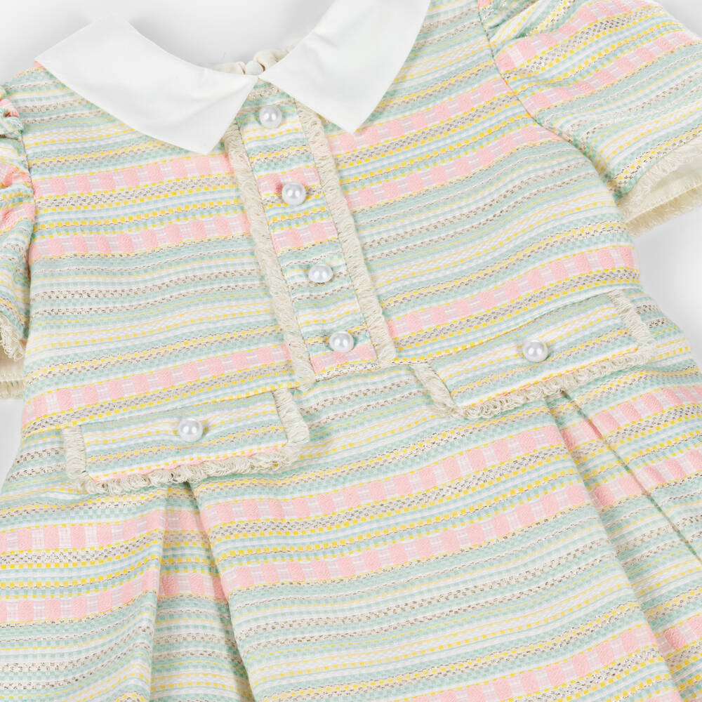 Rochy-Girls Pink & Green Pastel Stripe Tweed Dress | Childrensalon