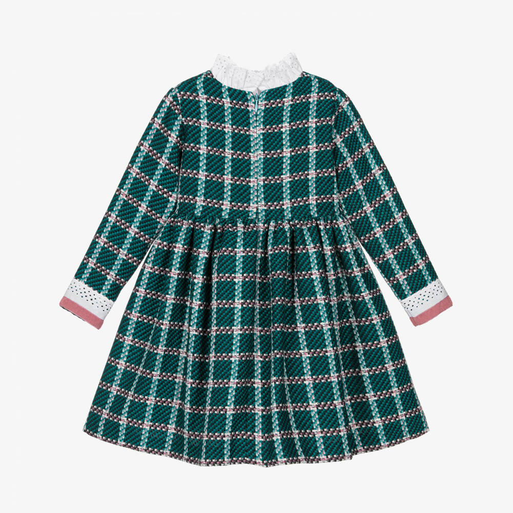 Rochy-Girls Teal Green Tweed Dress with Broderie | Childrensalon