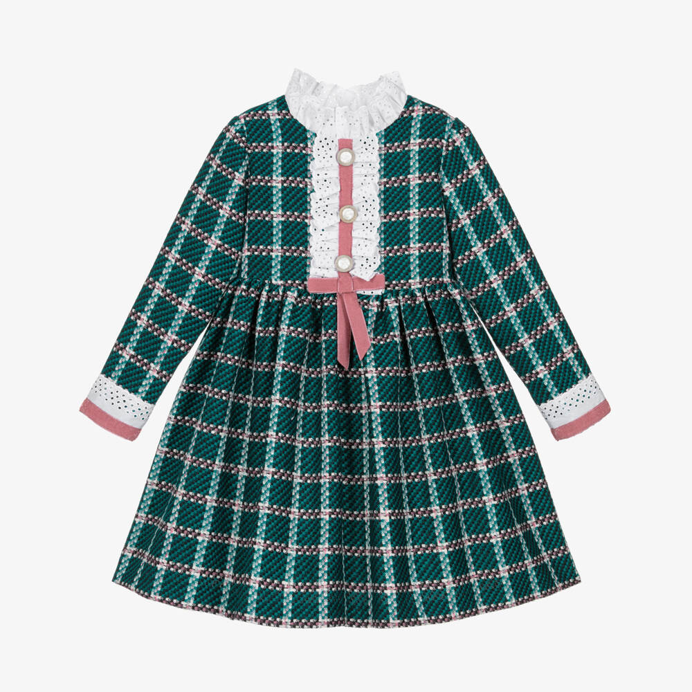Rochy-Girls Teal Green Tweed Dress with Broderie | Childrensalon