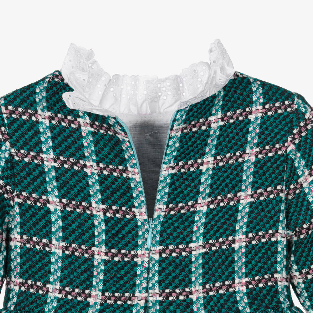 Rochy-Girls Teal Green Tweed Dress with Broderie | Childrensalon