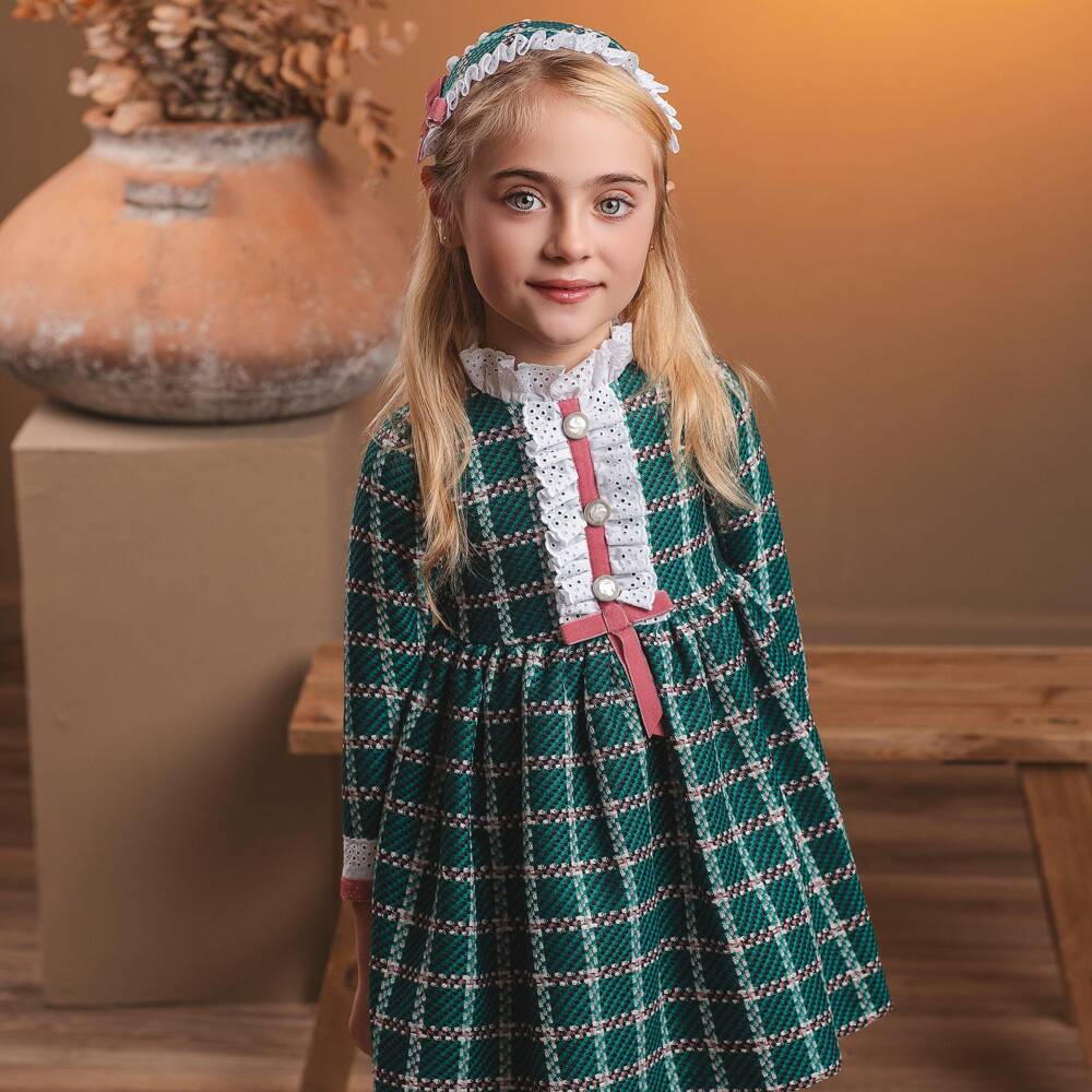Rochy-Girls Teal Green Tweed Dress with Broderie | Childrensalon