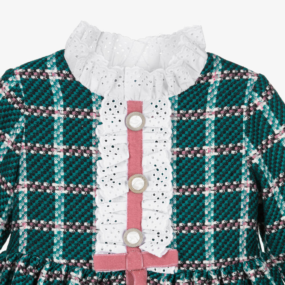 Rochy-Girls Teal Green Tweed Dress with Broderie | Childrensalon