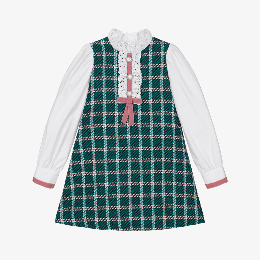 Rochy-Girls Teal Green & White Tweed Dress | Childrensalon
