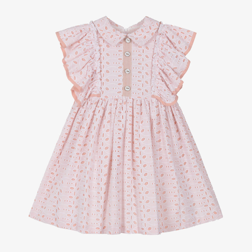 Rochy-Girls White & Pink Broderie Anglaise Dress with Ruffles | Childrensalon