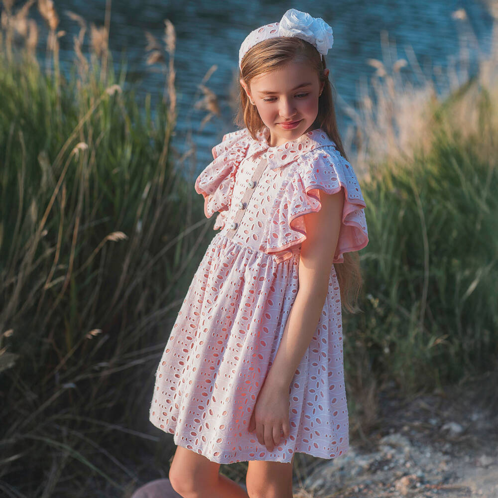 Rochy-Girls White & Pink Broderie Anglaise Dress with Ruffles | Childrensalon