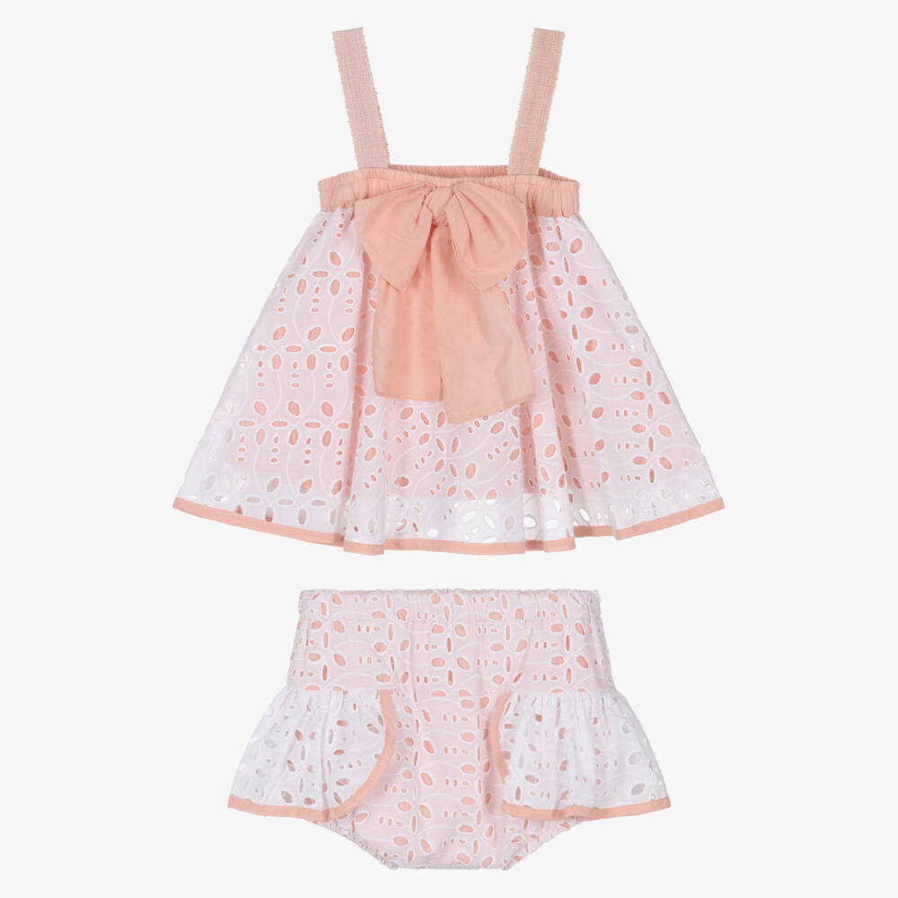 Rochy-Girls White & Pink Broderie Anglaise Ruffled Shorts Set | Childrensalon