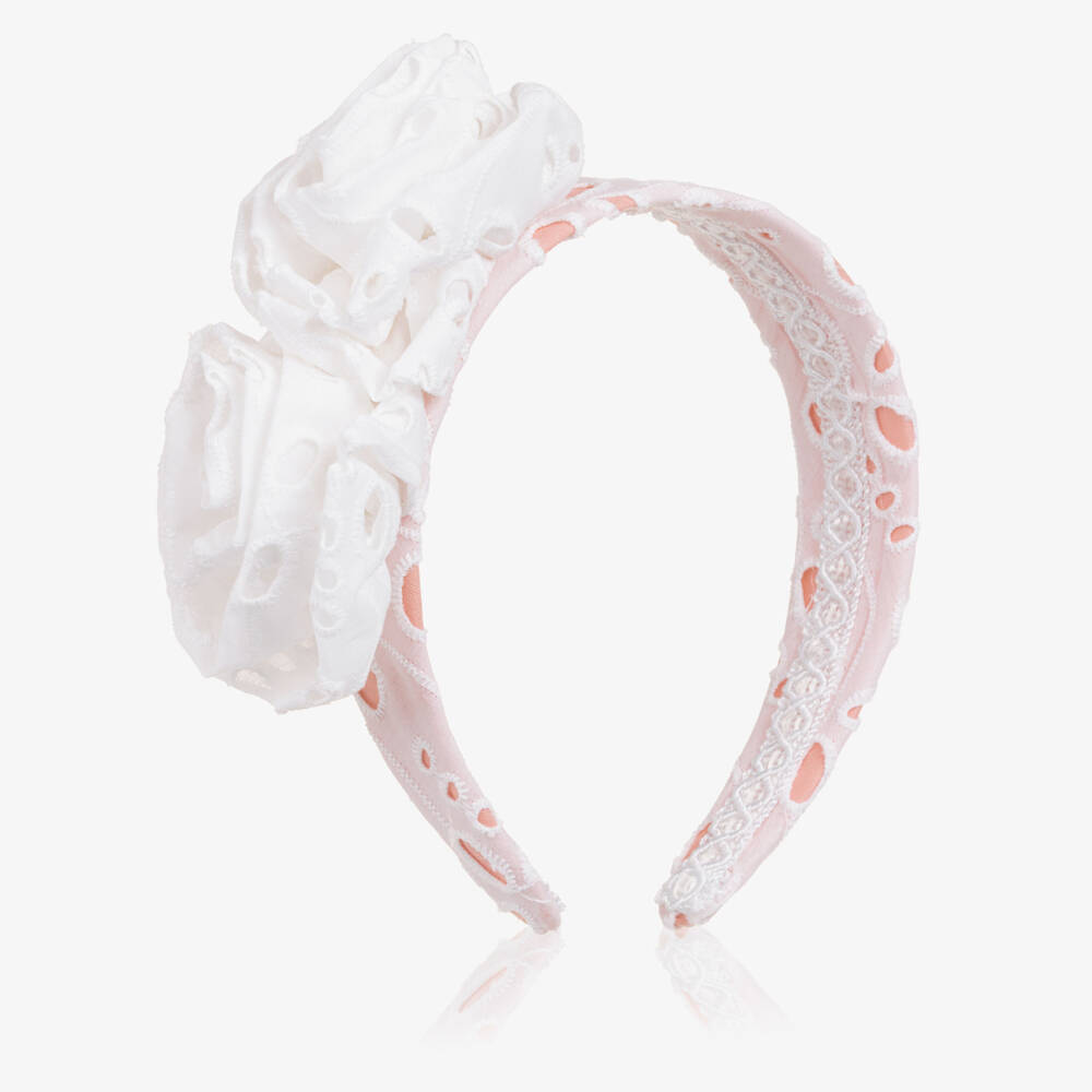 Rochy-Girls White & Pink Broderie Hairband with Flower Trim | Childrensalon