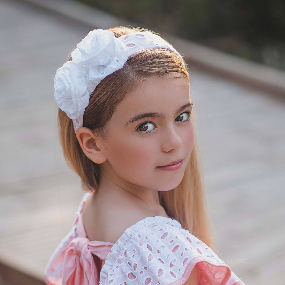 Rochy-Ободок бело-розовый с цветочной отделкой для девочек | Childrensalon
