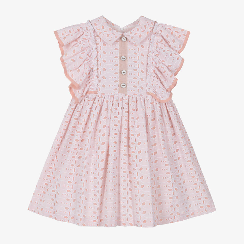 Rochy-Girls White & Pink Cut Work Cotton Dress with Ruffles | Childrensalon