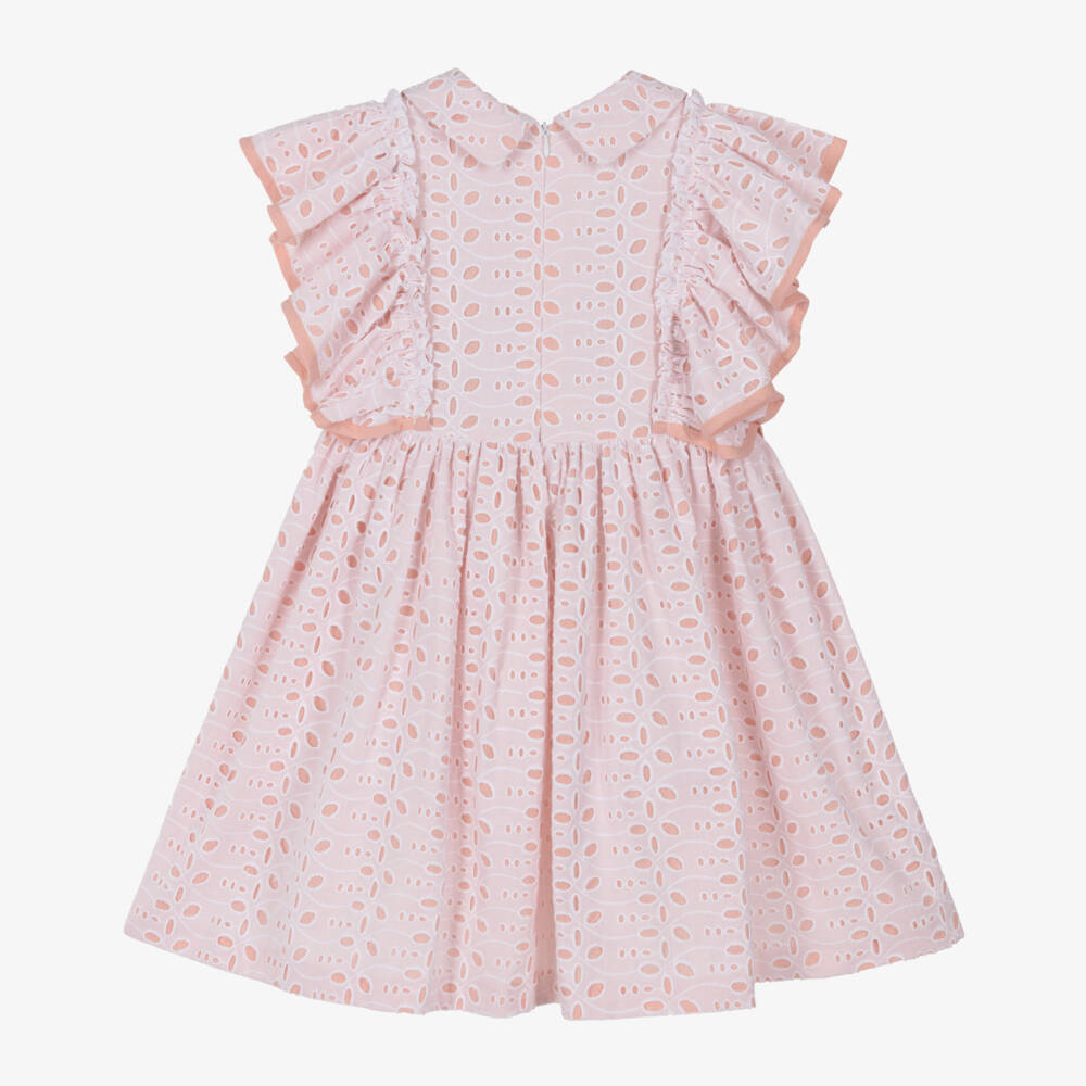 Rochy-Girls White & Pink Cut Work Cotton Dress with Ruffles | Childrensalon
